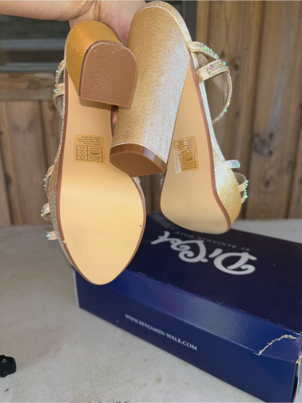 Benjamin Walk Iridescent Gold T-Strap Rhinestone Heels - Picture 5 of 8